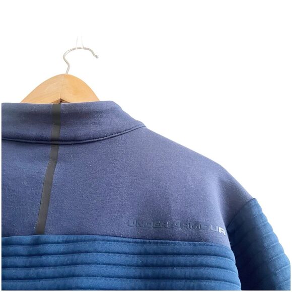 Under Armour Men’s Loose Mock Neck Sweater Size Large 3/4 Zip Ribbed Navy Logo - Picture 3 of 10